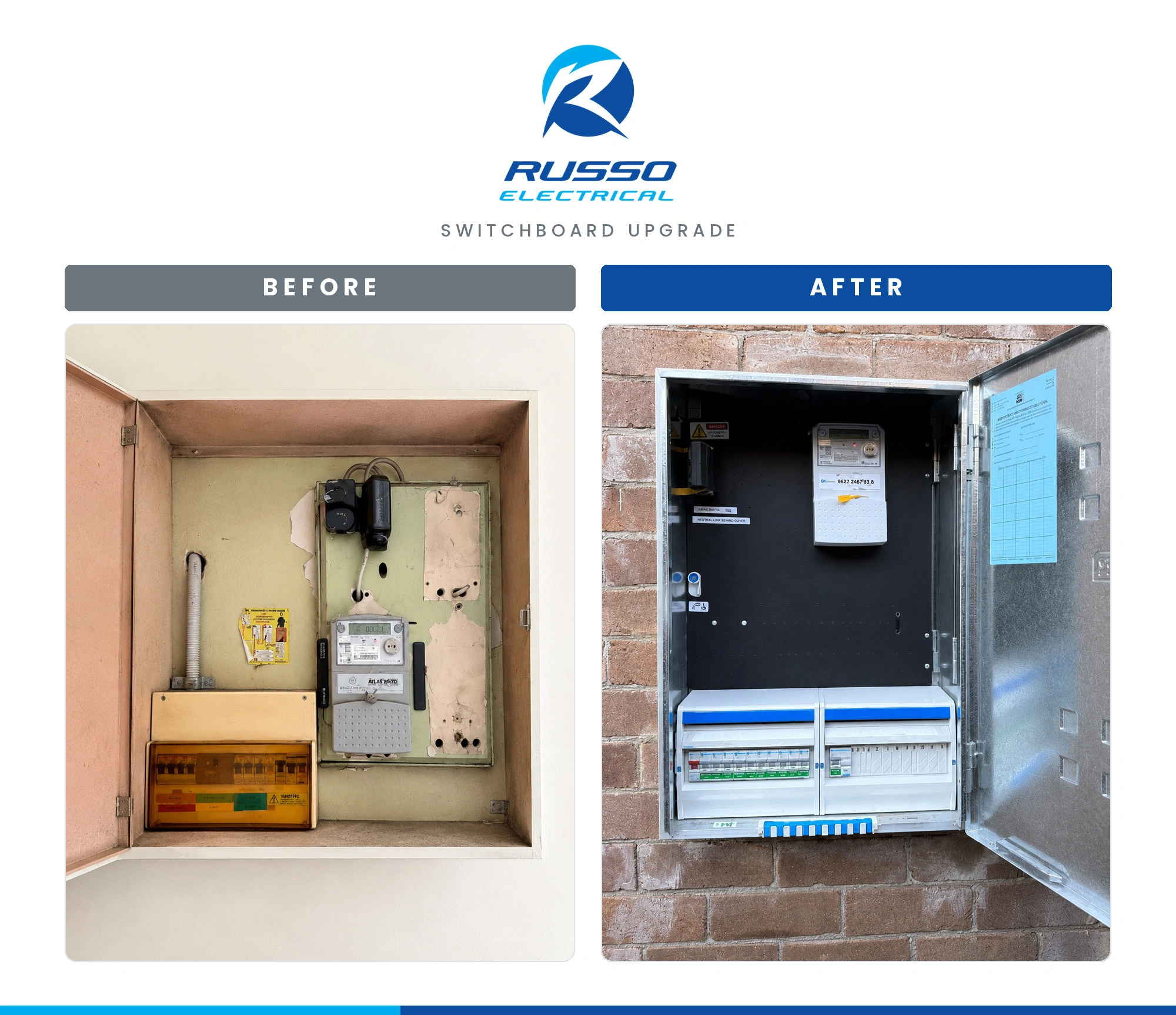 Meter box before and after a Russo Electrical switchboard upgrade, showing the old exposed board and the new enclosed compliant installation