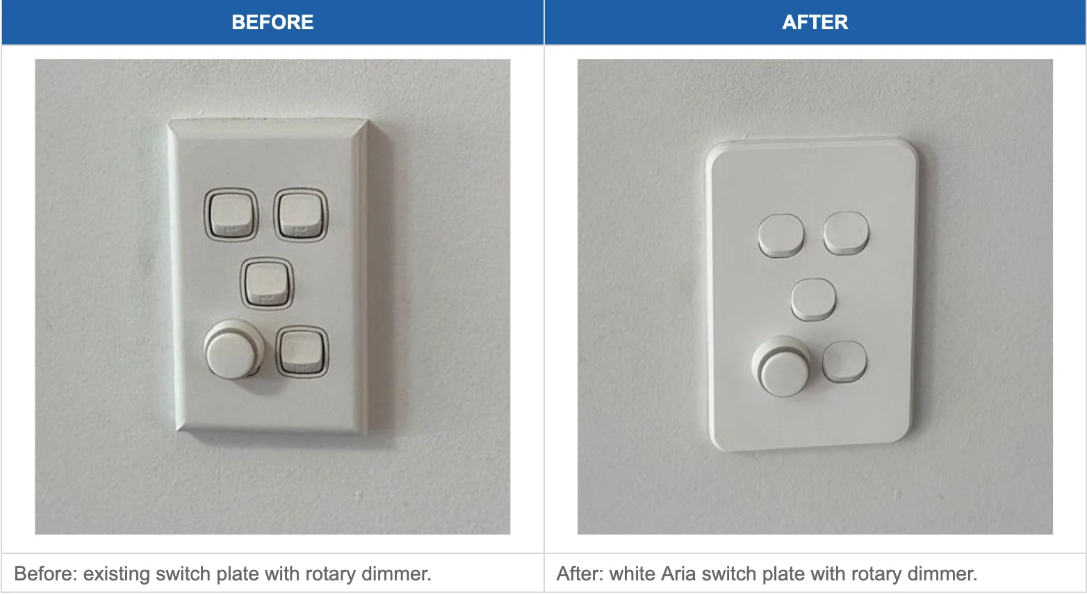 Before and after: existing switch plate with rotary dimmer replaced with a white Voltex Aria switch plate with rotary dimmer in Gladesville