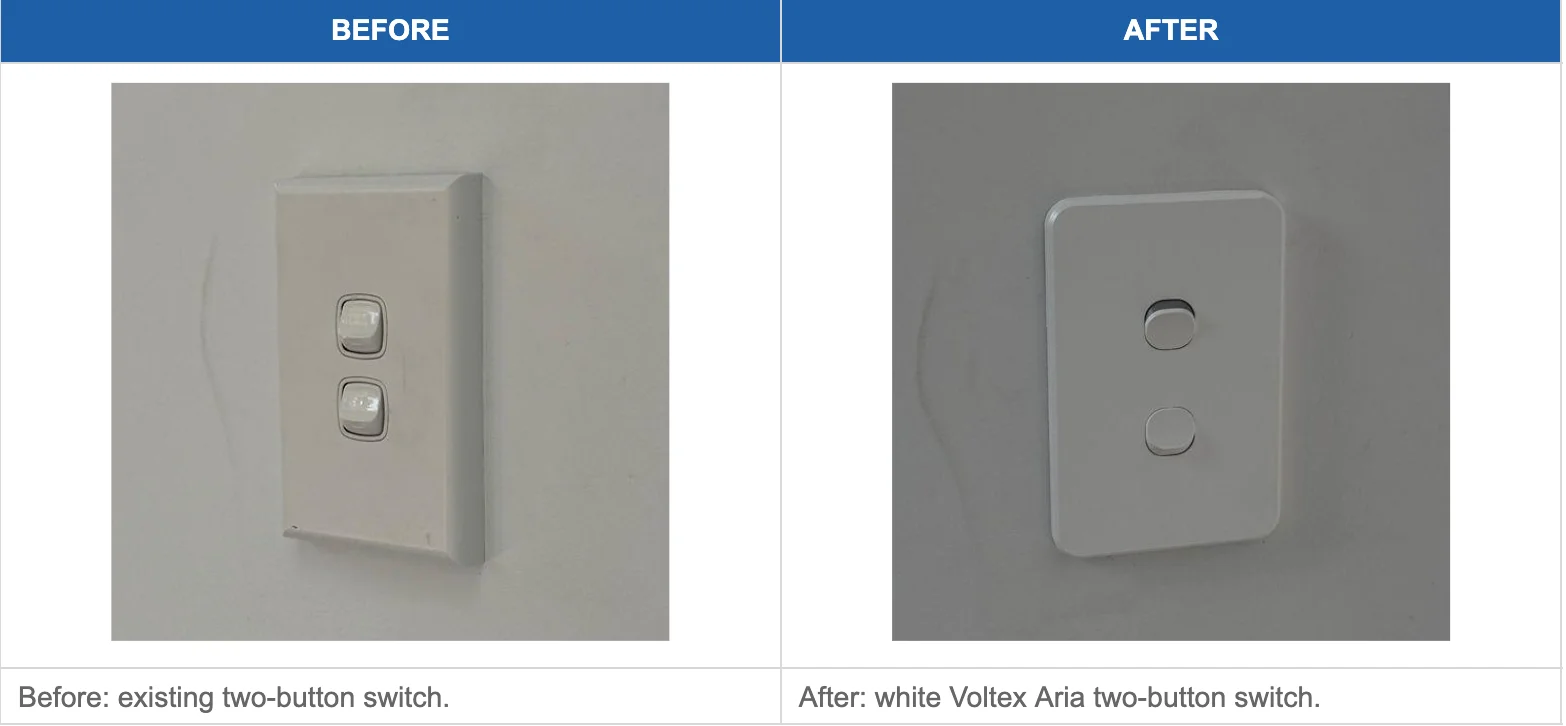 Before and after: existing two-button wall switch replaced with a white Voltex Aria two-button switch