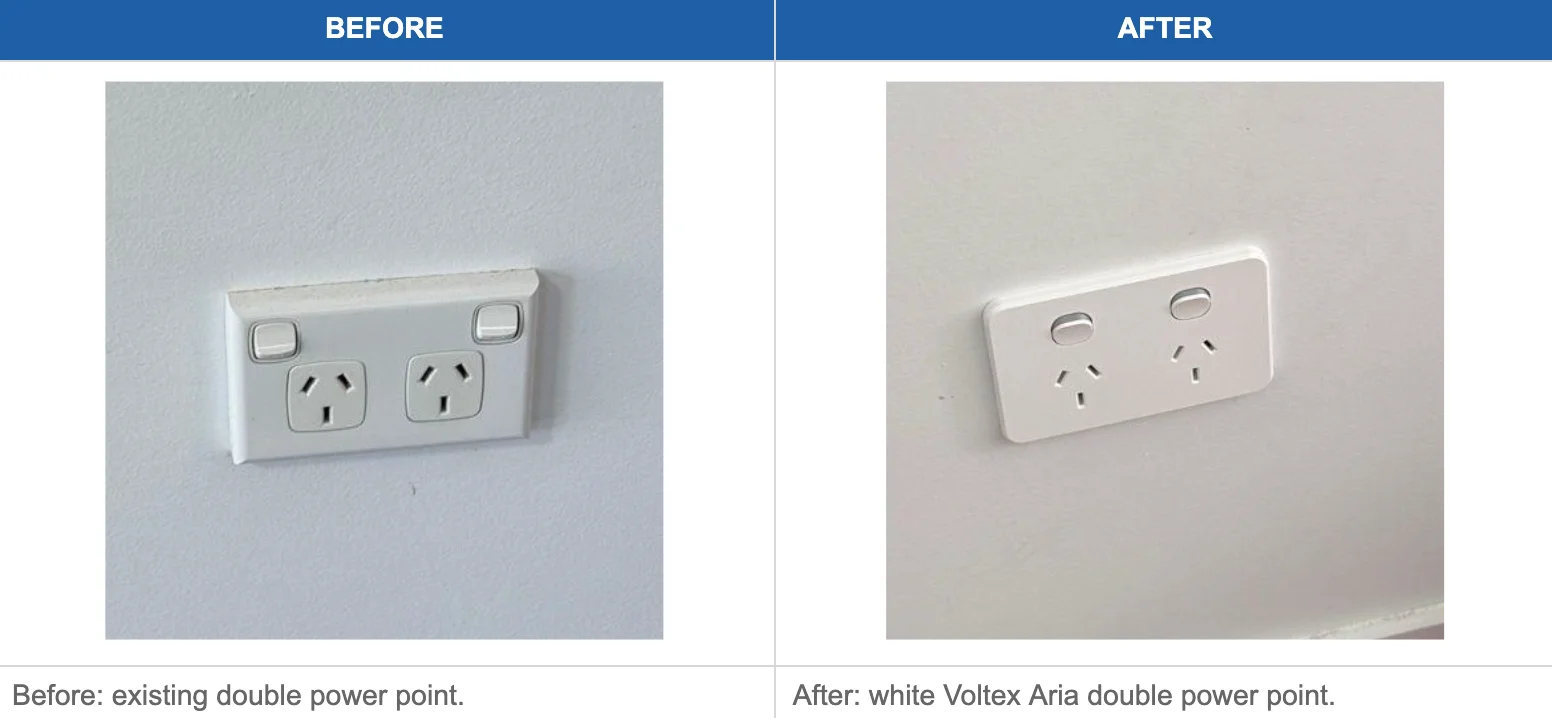 Before and after: existing double power point replaced with a white Voltex Aria double power point