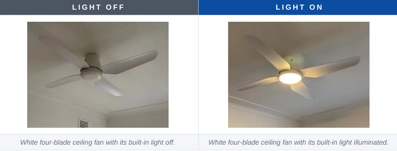 White four-blade ceiling fan in Gladesville shown with its built-in light off and then illuminated