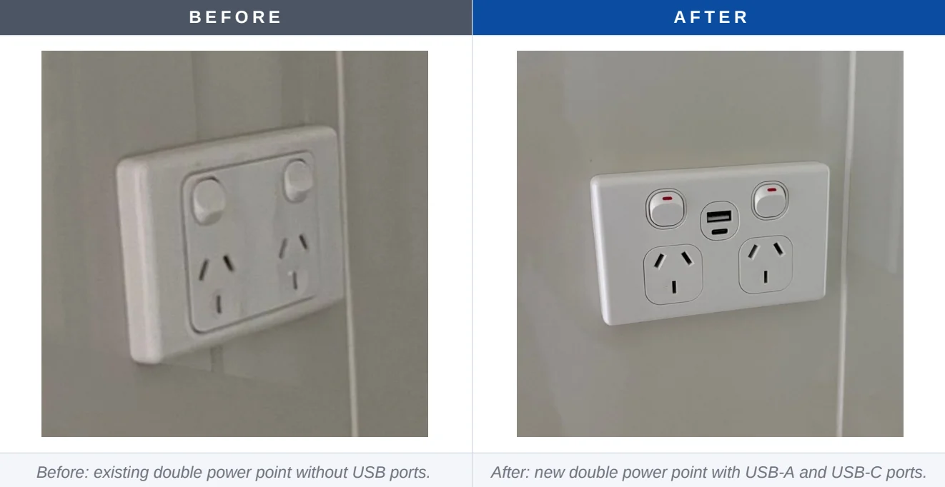 Before and after: ensuite double power point in Five Dock replaced with a white double power point with USB-A and USB-C ports