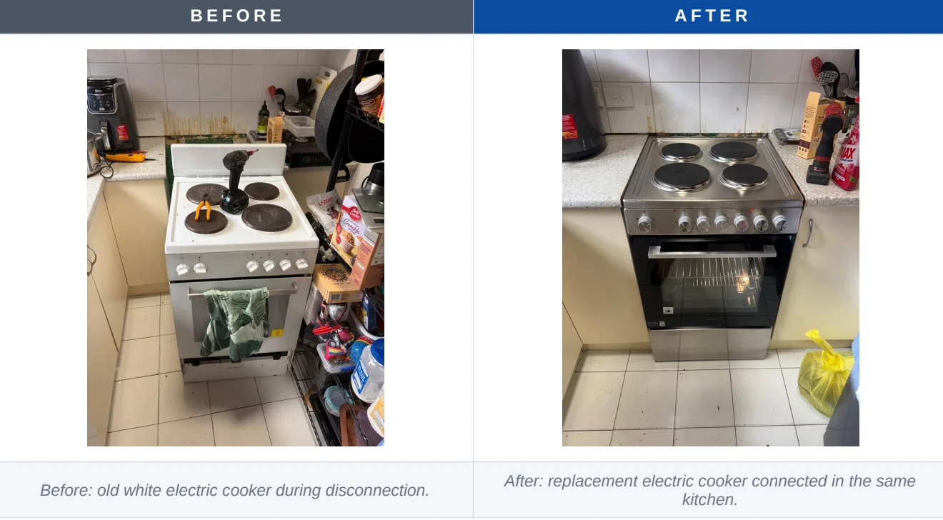 Before and after freestanding electric cooker replacement in Drummoyne