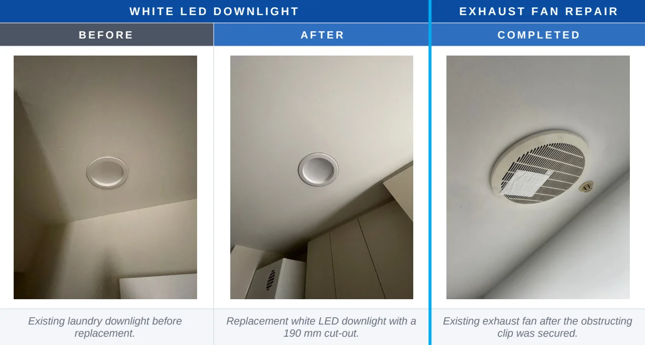Before and after: laundry downlight in Five Dock replaced with a white LED downlight with a 190 mm cut-out, plus the repaired exhaust fan after the obstructing clip was secured