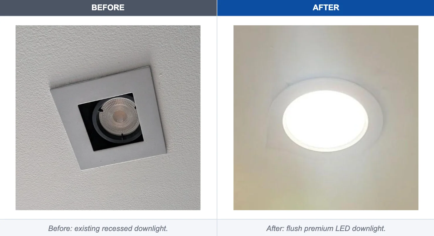 Before and after: existing recessed downlight replaced with a flush premium LED downlight in a Drummoyne apartment