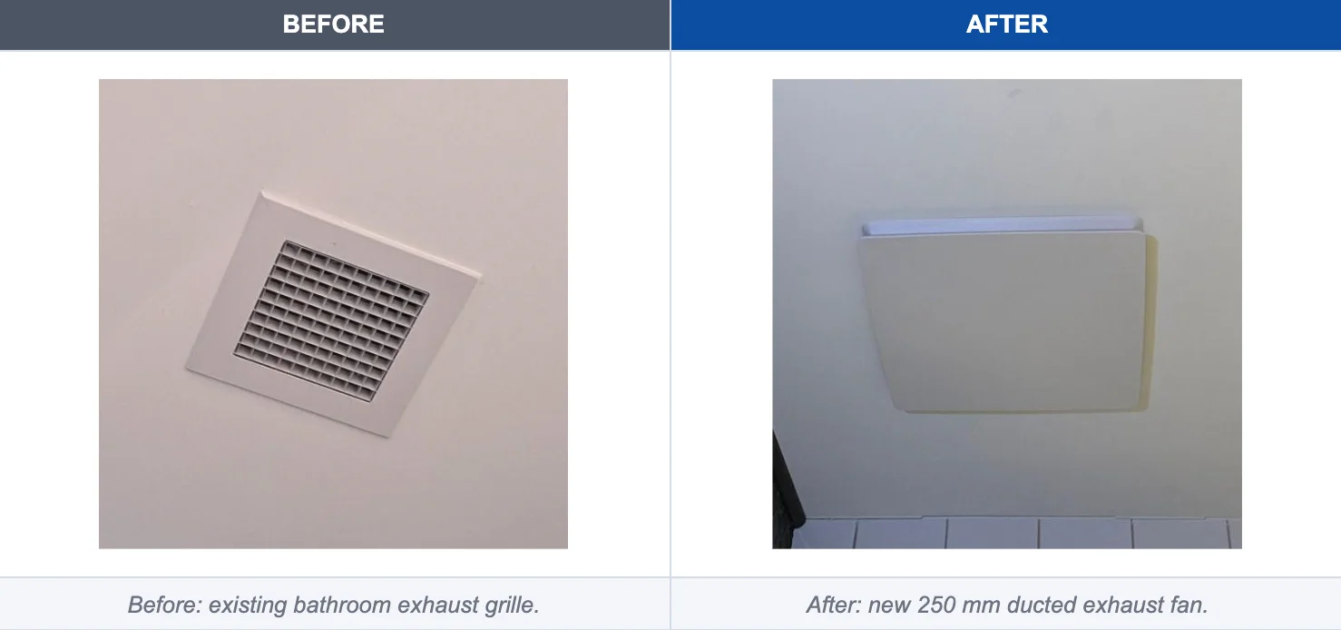 Before and after: existing bathroom exhaust grille replaced with a new 250 mm ducted exhaust fan above the shower