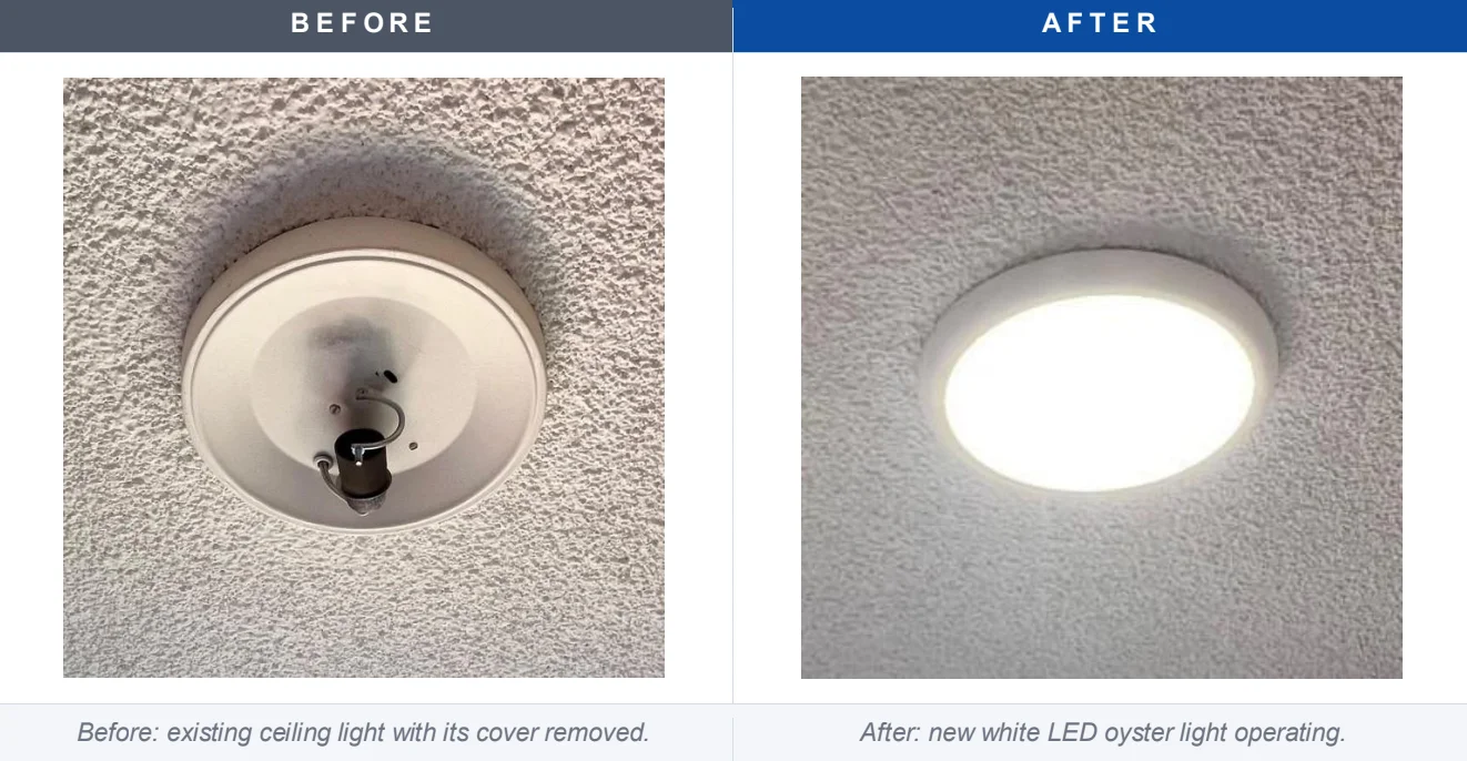 Before and after kitchen ceiling light replacement in Gladesville, showing the old fitting with its cover removed and the new LED oyster light operating