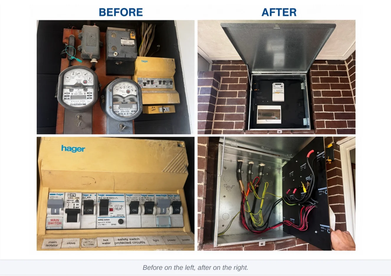 Before and after meter box and switchboard upgrade in Five Dock