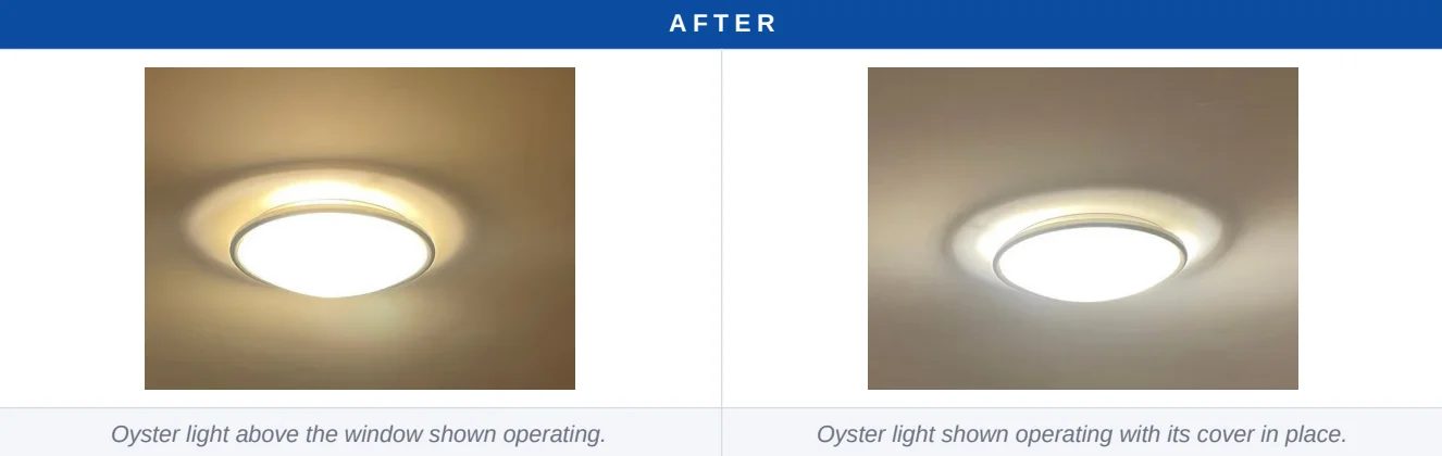 After: oyster ceiling lights in Five Dock operating with their covers refitted, including the light above the window
